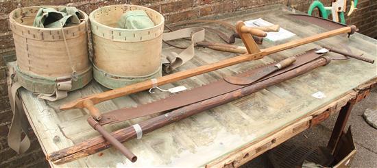 Nine agricultural implements, various, inc a cross saw(-)